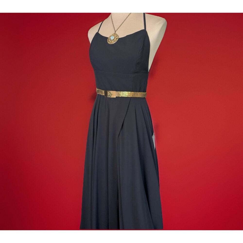 LULUS Dreamy Romance Black Backless Maxi Dress Front Slit Size M Luxe Drama
